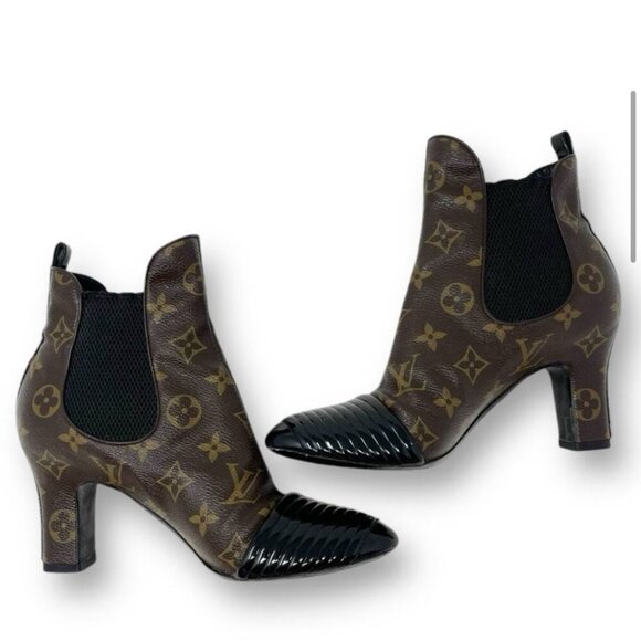 Louis Vuitton Monogram Revival Heel Ankle Boots Canvas Leather Brown Black EU 37 - Picture 3 of 8